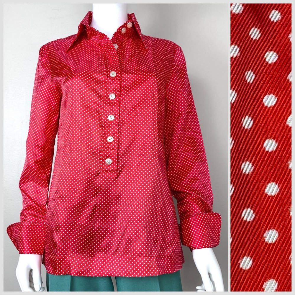 Vintage 1960s Red and White Polka Dot Mod Blouse, Size Medium, French Cuffs